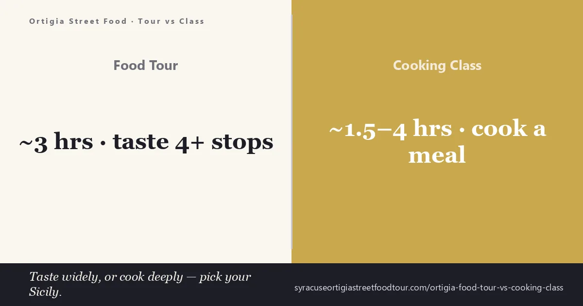 Ortigia food tour vs cooking class — a Sicilian street food walk compared with a hands-on arancino lesson in Syracuse